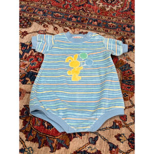 Vintage Health-tex Baby Romper 9 Months Bunny Chenille Pastel Stripe USA 70s/80s